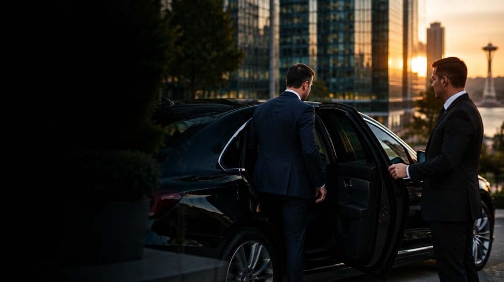 Chauffeur opening a sedan door for an executive at sunset