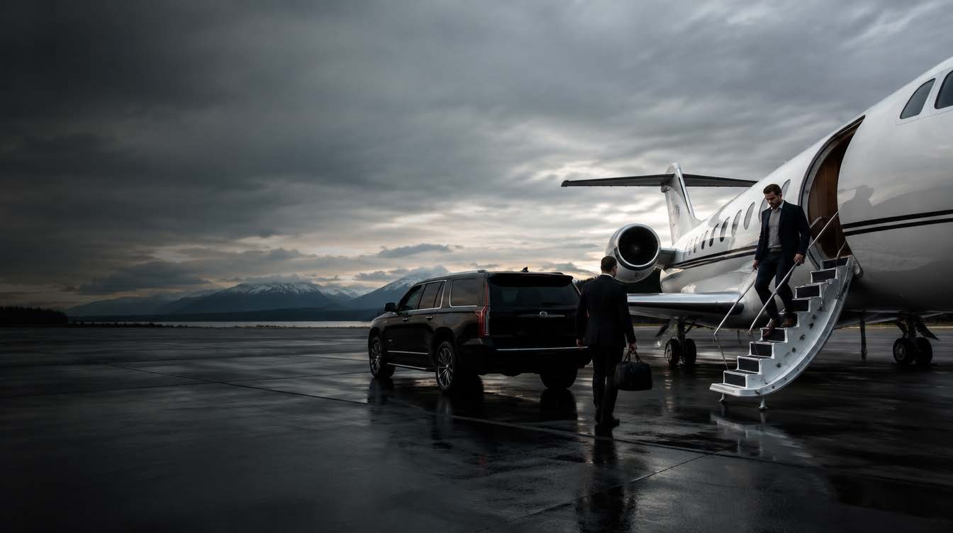 Black SUV meeting a private jet passenger on the tarmac near Seattle