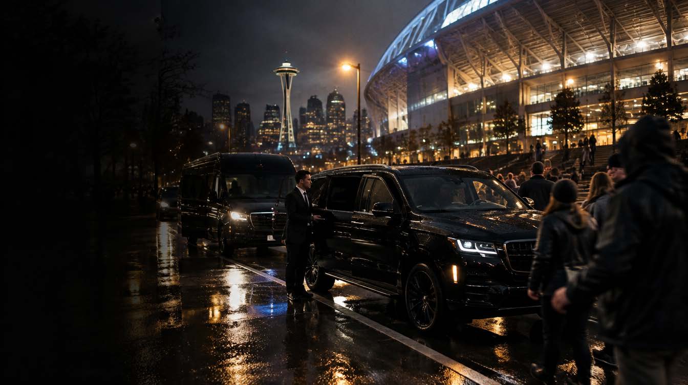 Black SUV and van picking up guests outside the stadium on a Seattle game night