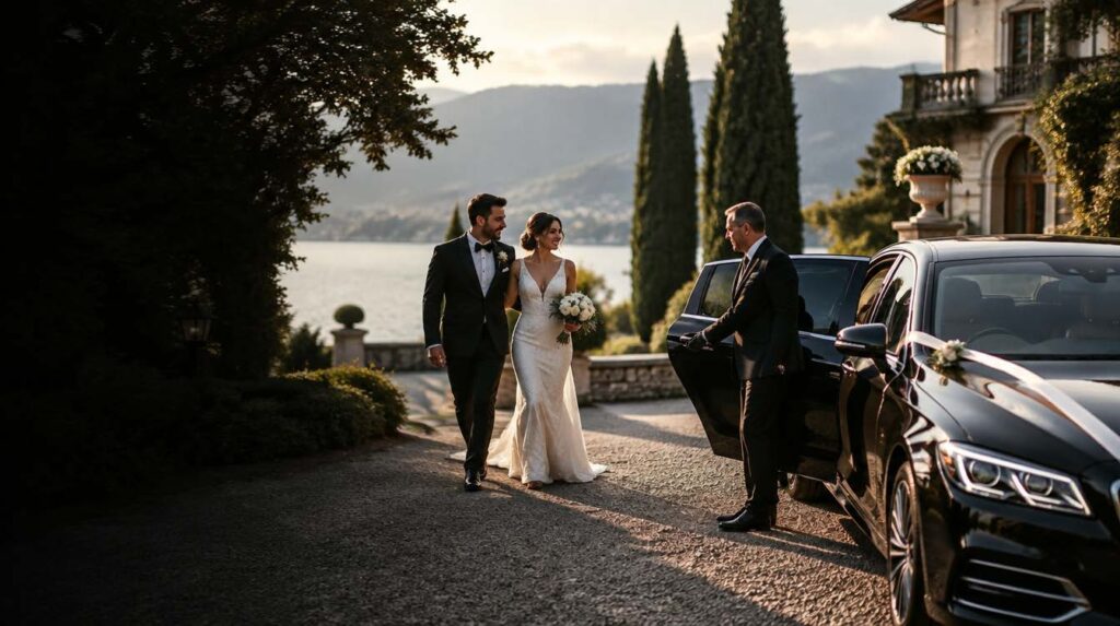 Bride and groom walking to a waiting black sedan